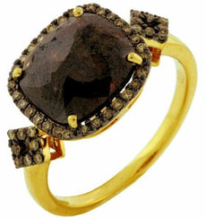3.25CT CHOCOLATE FANCY DIAMOND 18KT YELLOW GOLD ROUND & CUSHION ENGAGEMENT RING