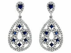 1.24CT DIAMOND & AAA SAPPHIRE 14KT WHITE GOLD FLOWER TEAR DROP HANGING EARRINGS