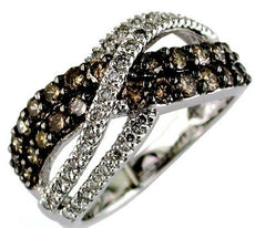 1.30CT WHITE & CHOCOLATE FANCY DIAMOND 14K WHITE GOLD MULTI ROW CRISS CROSS RING