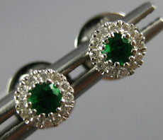 ESTATE SMALL .20CT DIAMOND & AAA EMERALD 18K WHITE GOLD ROUND HALO STUD EARRINGS