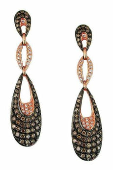 1.04CT WHITE & CHOCOLATE FANCY DIAMOND 14KT ROSE GOLD TEAR DROP HANGING EARRINGS