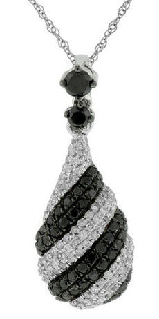 .95CT WHITE & BLACK DIAMOND 14K WHITE GOLD 3D CLUSTER TEAR DROP FLOATING PENDANT