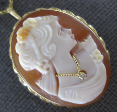 ANTIQUE .03CT DIAMOND 14KT YELLOW GOLD 3D LADY CAMEO PENDANT BROOCH PIN #20632