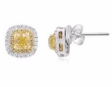 LARGE 1.55CT WHITE & FANCY YELLOW DIAMOND 14KT 2 TONE GOLD SQUARE STUD EARRINGS