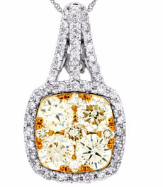 ESTATE LARGE 2.07CT WHITE & FANCY YELLOW DIAMOND 14KT WHITE GOLD CLUSTER PENDANT