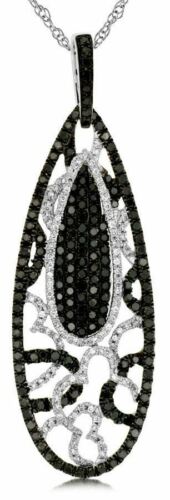 1.67CT WHITE & BLACK DIAMOND 14K WHITE GOLD TEAR DROP OPEN FILIGREE LOVE PENDANT