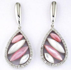 .28CT DIAMOND & AAA MOTHER OF PEARL 14K WHITE GOLD 3D TEAR DROP HANGING EARRINGS