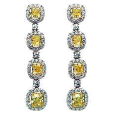 ESTATE 8.69CT WHITE & FANCY YELLOW DIAMOND 18K 2 TONE GOLD ROUND SQUARE EARRINGS