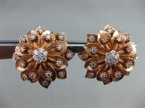 ESTATE LARGE 1.47CT DIAMOND 18K ROSE GOLD 3D FLOWER HANDCRAFTED CLIP ON EARRINGS