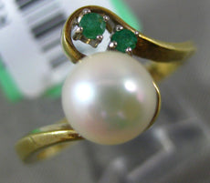 ESTATE .05CT AAA EMERALD & SOUTH SEA PEARL 14KT YELLOW GOLD 3D ANNIVERSARY RING