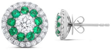 ESTATE .86CT DIAMOND & AAA EMERALD 14KT WHITE GOLD 3D ROUND FLOWER STUD EARRINGS