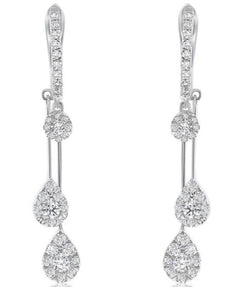.94CT DIAMOND 18K WHITE GOLD ROUND CLUSTER PEAR SHAPE TEAR DROP HANGING EARRINGS