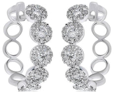 1.41CT DIAMOND 18KT WHITE GOLD MULTI FLOWER CLASSIC HALO HOOP HANGING EARRINGS
