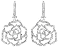 ESTATE 1.33CT DIAMOND 18KT WHITE GOLD 3D HANDCRAFTED FLOWER HANGING EARRINGS