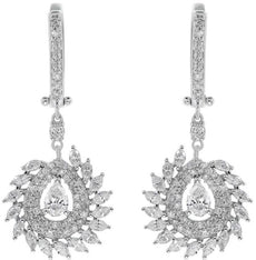 LARGE 1.80CT DIAMOND 18KT WHITE GOLD ROUND & PEAR SHAPE FLOWER HANGING EARRINGS