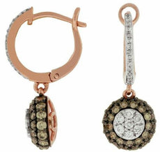 1.22CT WHITE & CHOCOLATE FANCY DIAMOND 14KT ROSE GOLD CLUSTER HANGING EARRINGS