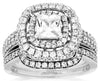 ESTATE LARGE 1.7CT DIAMOND 14K WHITE GOLD SQUARE DOUBLE HALO ENGAGEMENT RING SET