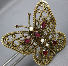 ANTIQUE LARGE 1.26CT AAA GARNET & PEARL 14KT YELLOW GOLD 3D BUTTERFLY BROOCH PIN