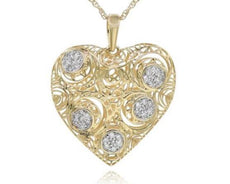 ESTATE .14CT DIAMOND 14KT YELLOW GOLD 3D CLASSIC FILIGREE HEART LOVE PENDANT