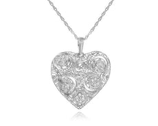 ESTATE .14CT ROUND DIAMOND 14K WHITE GOLD 3D CLASSIC FILIGREE HEART LOVE PENDANT