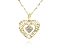 ESTATE .05CT DIAMOND 14KT YELLOW GOLD DOUBLE HEART FILIGREE LOVE HEART PENDANT
