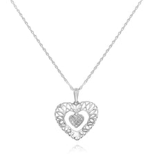 ESTATE .05CT ROUND DIAMOND 14KT WHITE GOLD 3D OPEN FILIGREE HEART LOVE PENDANT
