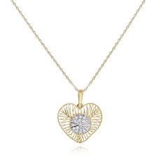 ESTATE .10CT DIAMOND 14KT YELLOW GOLD 3D HEART MULTI LEAF FILIGREE LOVE PENDANT