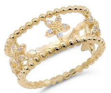 ESTATE .14CT DIAMOND 18KT YELLOW GOLD 3D MULTI FLOWER BUTTERFLY BEADED FUN RING