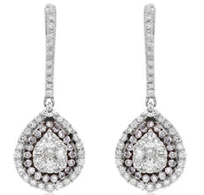 1.2CT WHITE & PINK DIAMOND 18K WHITE GOLD TEAR DROP DOUBLE HALO HANGING EARRINGS