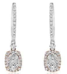 .88CT WHITE & PINK DIAMOND 18KT WHITE & ROSE GOLD CLUSTER OVAL HANGING EARRINGS