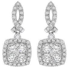 1.31CT DIAMOND 18K WHITE GOLD CLUSTER HALO SQUARE SEMI INFINITY HANGING EARRINGS