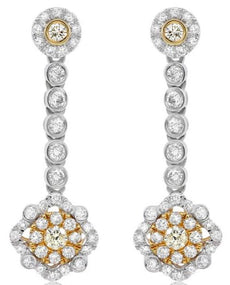 ESTATE 1.17CT DIAMOND 18KT 2 TONE GOLD CLUSTER FLOWER CLASSIC HANGING EARRINGS
