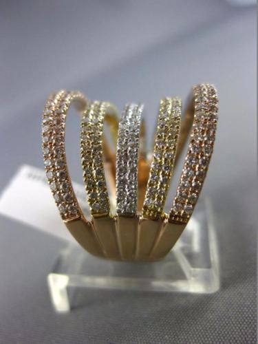 ESTATE LARGE 1.35CT ROUND DIAMOND 18KT TRI COLOR GOLD 3D MULTI ROW OPEN FUN RING