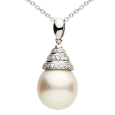 ESTATE .12CT DIAMOND & AAA SOUTH SEA PEARL 14K WHITE GOLD SWIRL FLOATING PENDANT