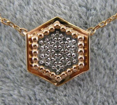 ESTATE .10CT DIAMOND 14KT ROSE GOLD 3D HEXAGON PAVE CLASSIC LUCKY LOVE NECKLACE