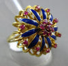 ANTIQUE LARGE 1.20CT AAA RUBY 18KT YELLOW GOLD 3D BLUE ENAMEL OPEN FLOWER RING