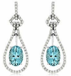 1.74CT DIAMOND & AAA AQUAMARINE 14KT WHITE GOLD 3D OVAL & ROUND HANGING EARRINGS