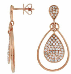 ESTATE 1.10CT DIAMOND 14KT ROSE GOLD CLASSIC CLUSTER TEAR DROP HANGING EARRINGS