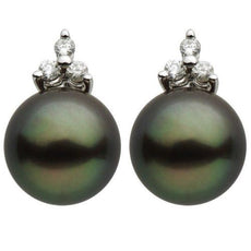 ESTATE .16CT DIAMOND & AAA TAHITIAN PEARL 14KT WHITE GOLD 3 STONE FUN EARRINGS