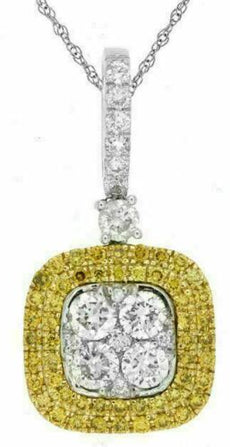 .74CT WHITE & FANCY YELLOW DIAMOND 14KT WHITE GOLD CLUSTER FLOWER SQUARE PENDANT