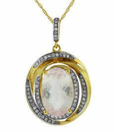 4.25CT DIAMOND & AAA ROSE QUARTZ 14KT YELLOW GOLD OVAL & ROUND LOVE KNOT PENDANT