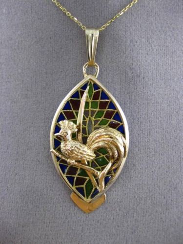 ANTIQUE LARGE VENETIAN GLASS 14K YELLOW GOLD ROOSTER BIRD FLOATING PENDANT #2987