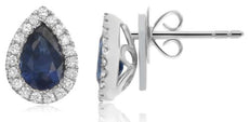 ESTATE 1.18CT DIAMOND & AAA SAPPHIRE 18K WHITE GOLD TEAR DROP HALO STUD EARRINGS