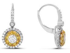 ESTATE .98CT WHITE & FANCY YELLOW DIAMOND 14KT TWO TONE GOLD 3D HANGING EARRINGS