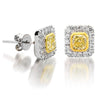 ESTATE 1.20CT WHITE & FANCY YELLOW DIAMOND 18KT 2 TONE GOLD SQUARE STUD EARRINGS
