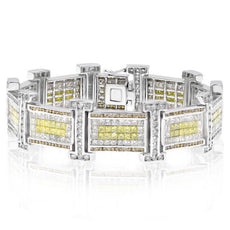 WIDE 18.15CT WHITE & YELLOW DIAMOND 14KT WHITE GOLD 3D PRINCESS MEN'S BRACELET