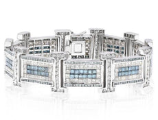 WIDE 18.32CT WHITE & BLUE DIAMOND 14KT WHITE GOLD ROUND & PRINCESS MENS BRACELET