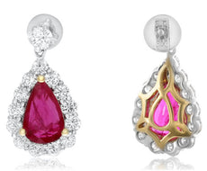 ESTATE LARGE 5.75CT DIAMOND & AAA RUBY 18K TWO TONE GOLD TEAR DROP PEAR EARRINGS