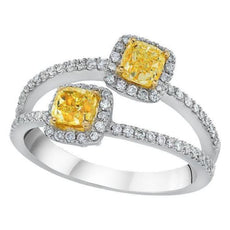 WIDE 1.78CT WHITE & FANCY YELLOW DIAMOND 18K 2 TONE GOLD 2 ROW HALO PROMISE RING