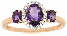 1.10CT DIAMOND & AAA AMETHYST 14K ROSE GOLD OVAL & ROUND 3 STONE HALO FUN RING